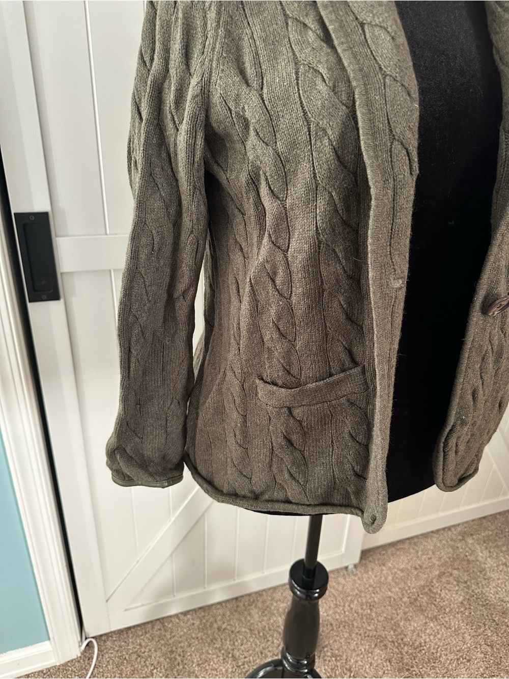 Talbots Petite XLP Olive Green Cable Knit Wool Blend Blazer Sweater Cardigan - Picture 2 of 6